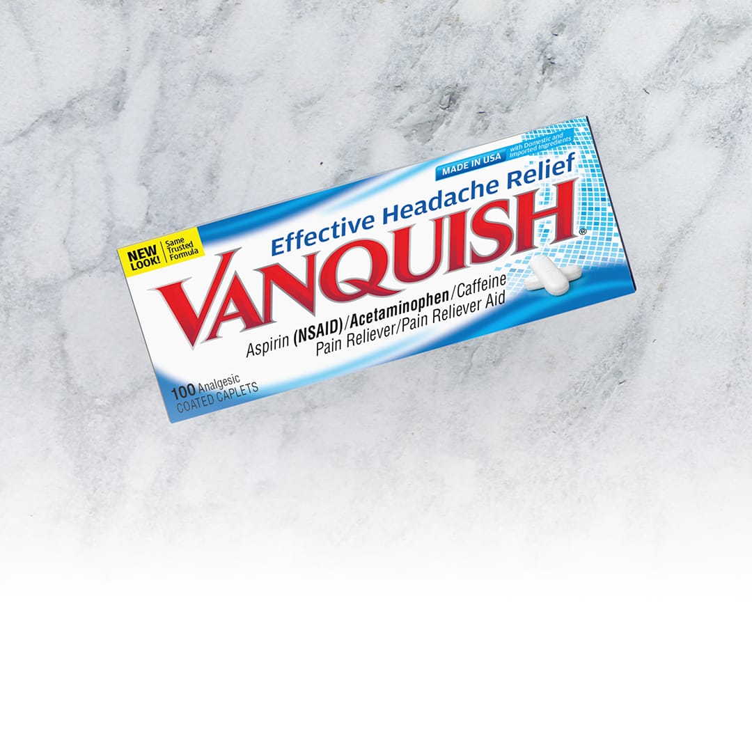 a box of Vanquish on a marble countertop